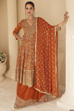 Orange Plazo Style Sangeet Outfit for Women in Georgette - Zari & Swarovski
