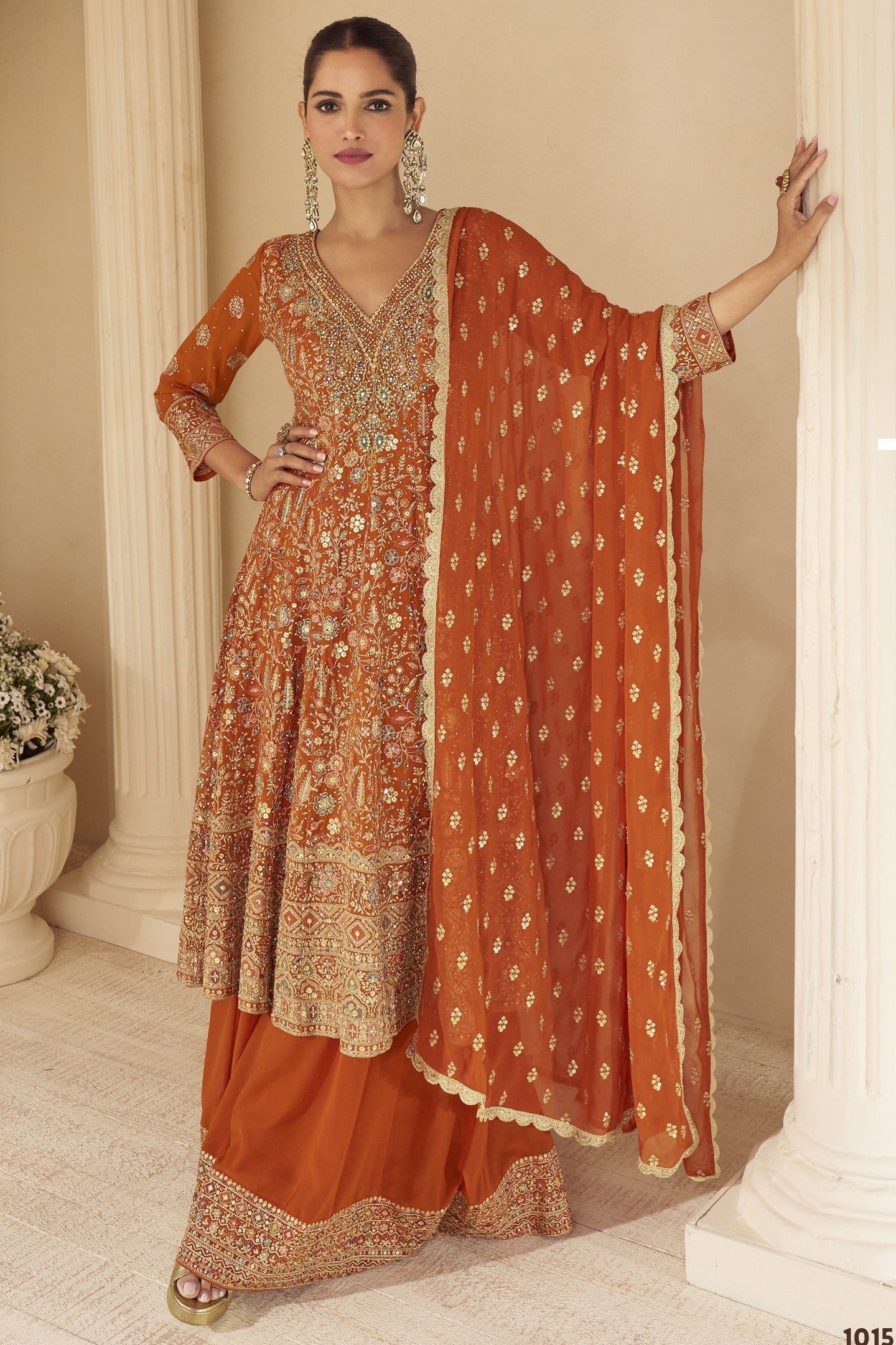 Orange Plazo Style Sangeet Outfit for Women in Georgette - Zari & Swarovski