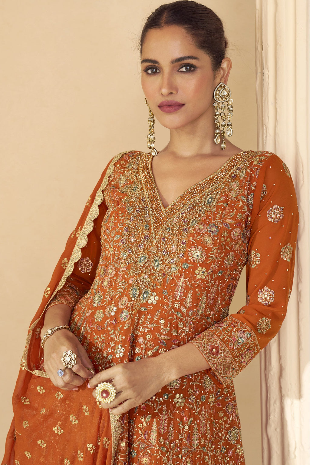 Orange Plazo Style Sangeet Outfit for Women in Georgette - Zari & Swarovski