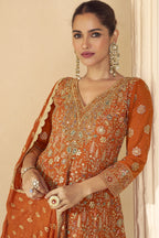Orange Plazo Style Sangeet Outfit for Women in Georgette - Zari & Swarovski