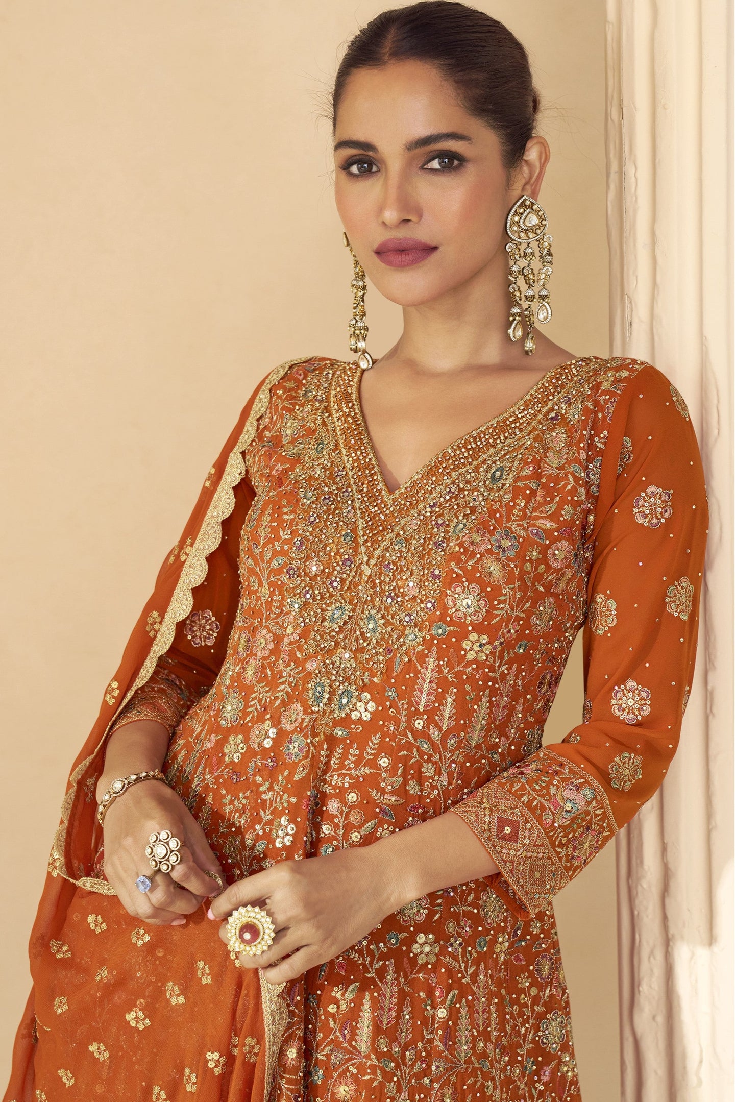 Orange Plazo Style Sangeet Outfit for Women in Georgette - Zari & Swarovski