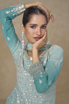 Aqua Blue Georgette Dual Color Palazzo Suit For Indian & Pakistani Wedding Festival - Thread & Sequins Embroidery Work
