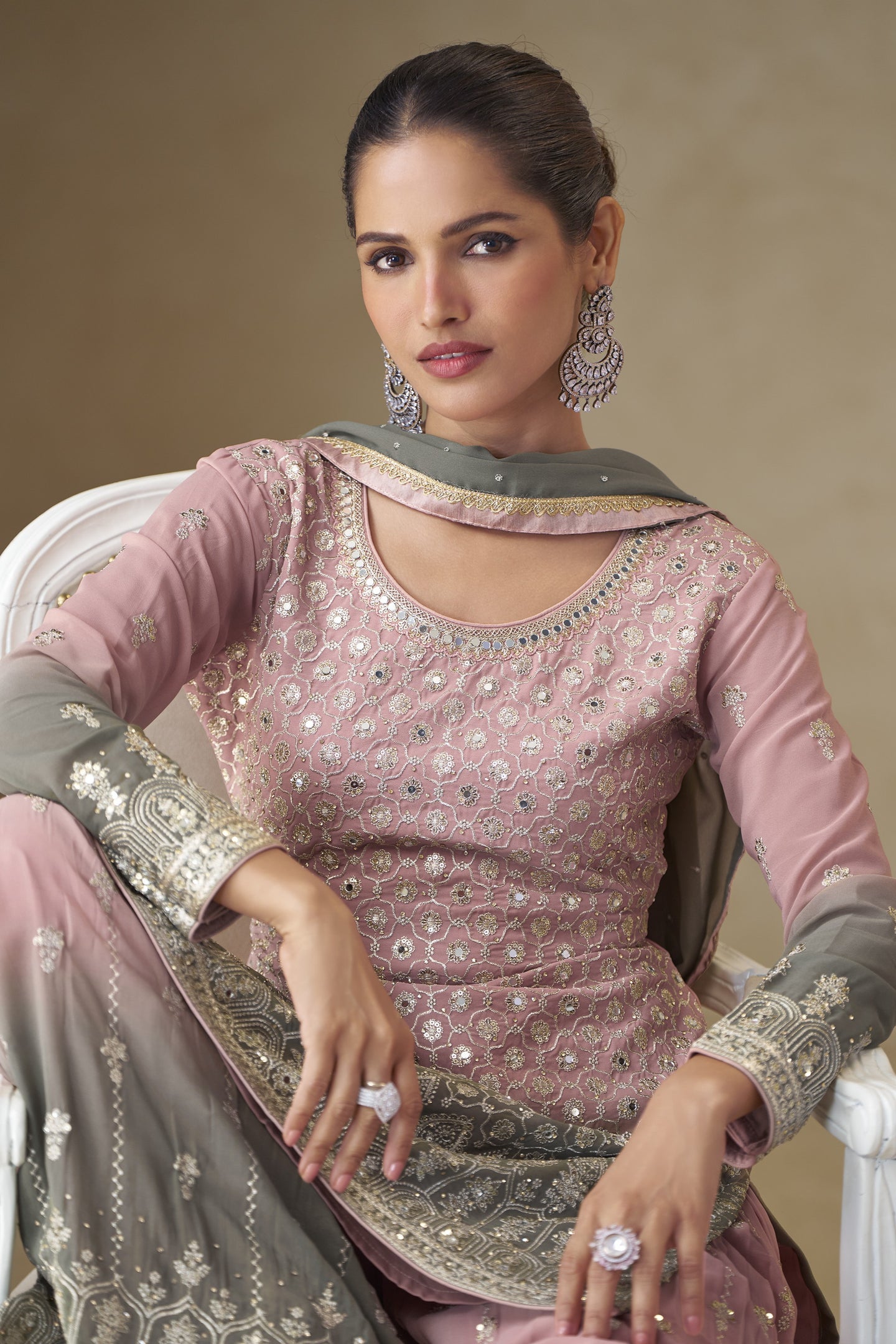 Dusty Rose Georgette Dual Color Palazzo Suit For Indian & Pakistani Wedding Festival - Thread & Sequins Embroidery Work