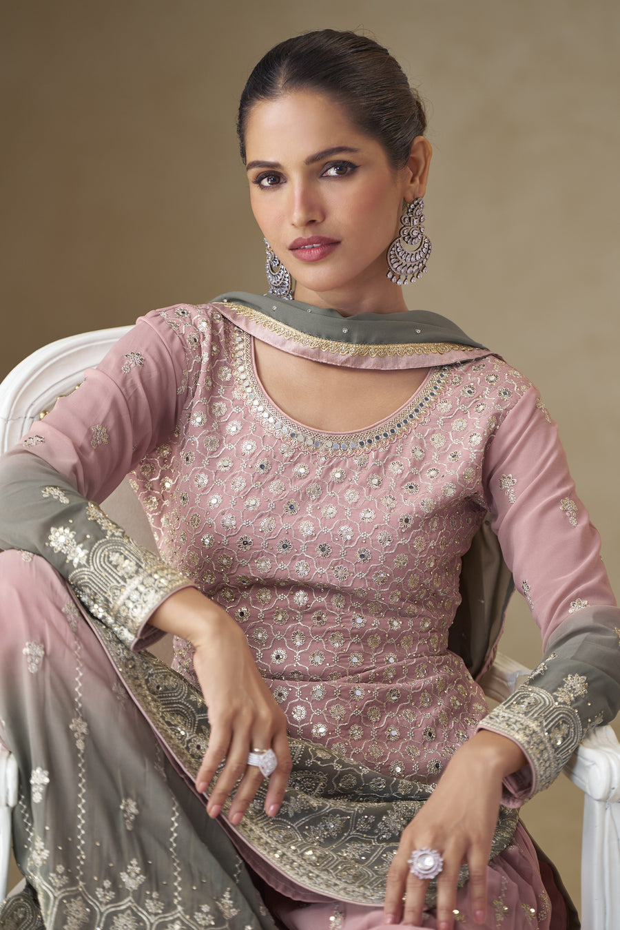 Dusty Rose Georgette Dual Color Palazzo Suit For Indian & Pakistani Wedding Festival - Thread & Sequins Embroidery Work