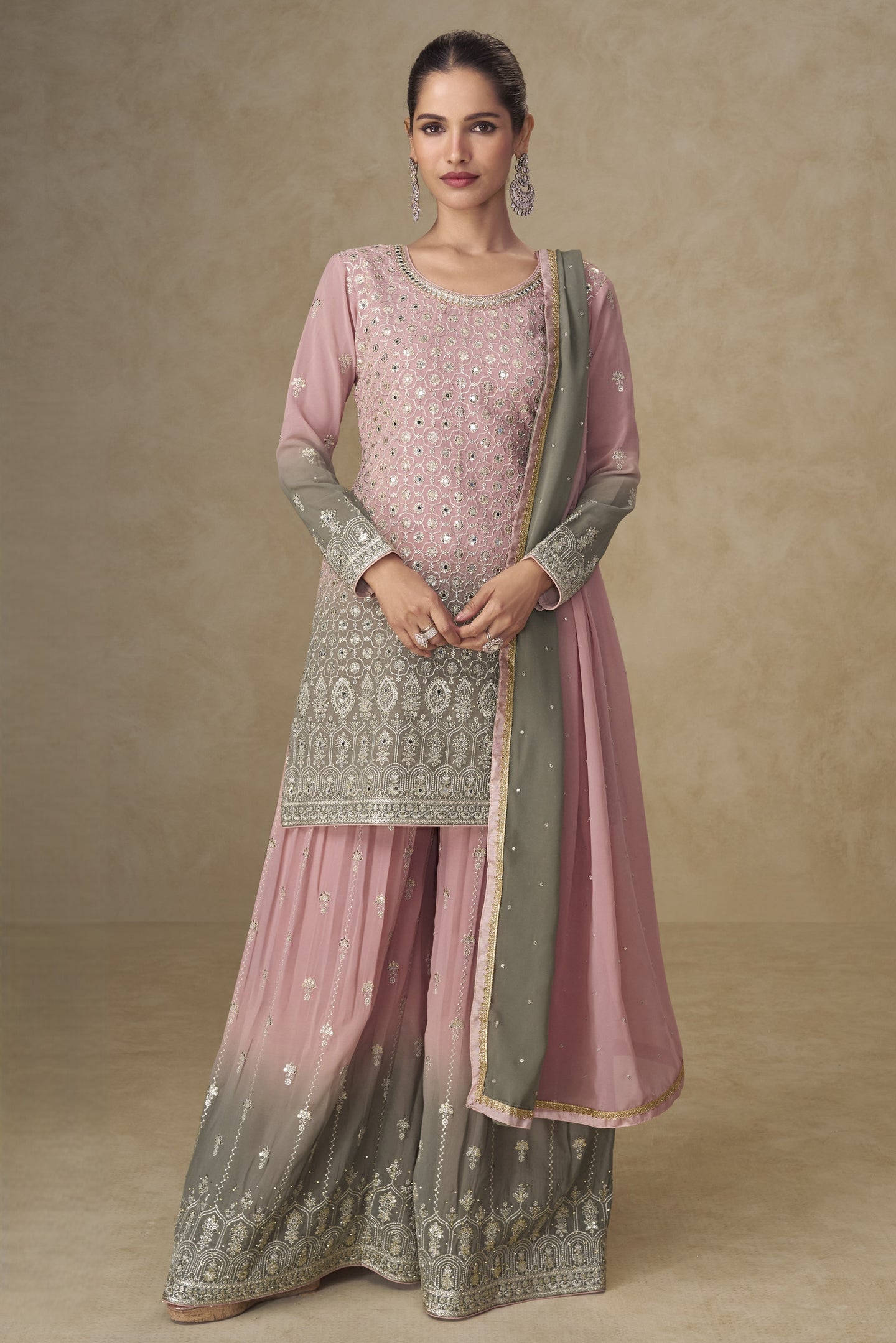 Dusty Rose Georgette Dual Color Palazzo Suit For Indian & Pakistani Wedding Festival - Thread & Sequins Embroidery Work
