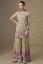 Beige Georgette Dual Color Palazzo Suit For Indian & Pakistani Wedding Festival - Thread & Sequins Embroidery Work