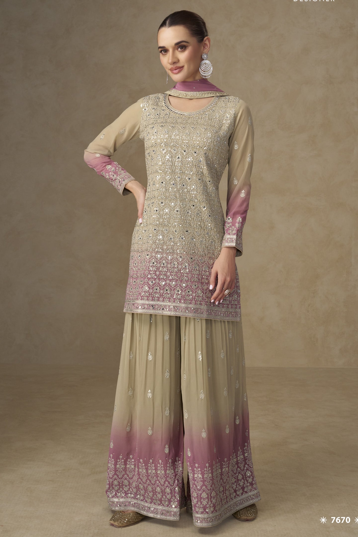 Beige Georgette Dual Color Palazzo Suit For Indian & Pakistani Wedding Festival - Thread & Sequins Embroidery Work