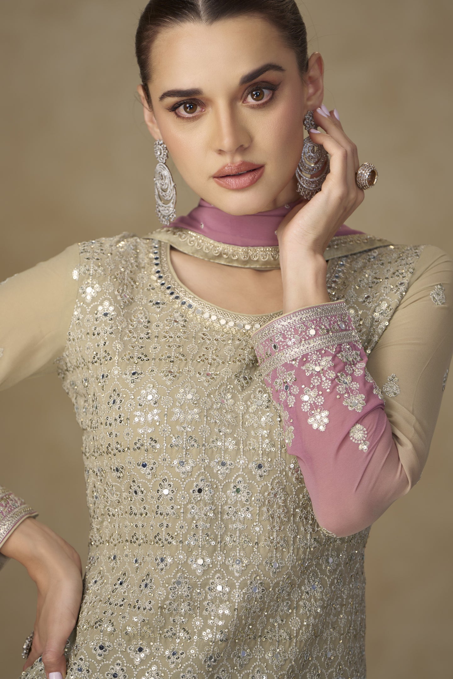 Beige Georgette Dual Color Palazzo Suit For Indian & Pakistani Wedding Festival - Thread & Sequins Embroidery Work