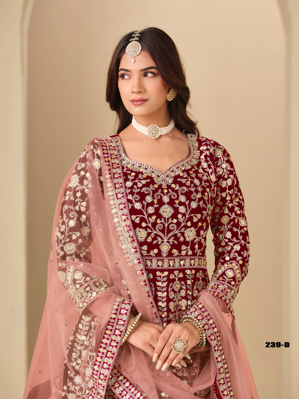 Maroon Velvet Suit Women with Thread and Sequins Work