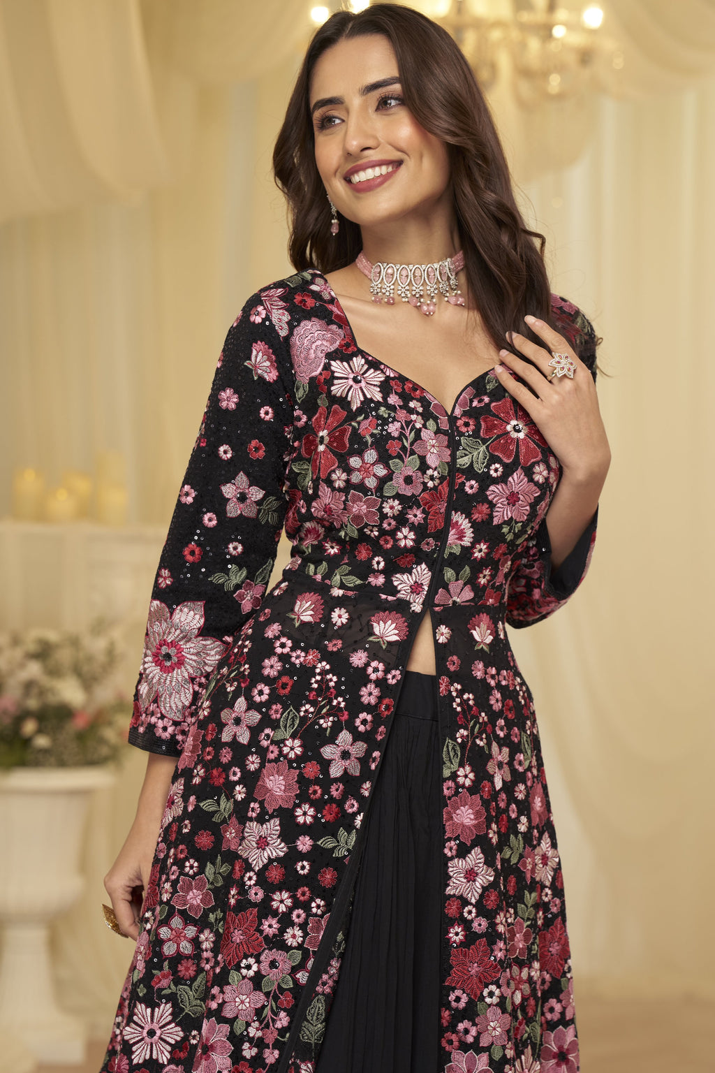 Black Indian Reception Gown Anarkali with Skirt - Floral Embroidery Work