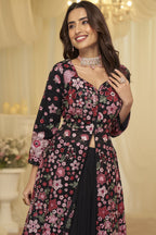 Black Indian Reception Gown Anarkali with Skirt - Floral Embroidery Work