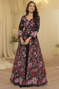 Black Indian Reception Gown Anarkali with Skirt - Floral Embroidery Work