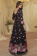 Black Indian Reception Gown Anarkali with Skirt - Floral Embroidery Work