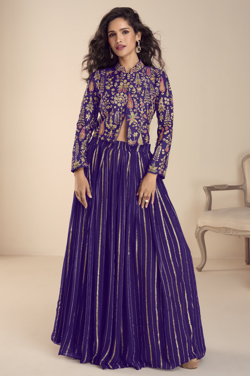 Purple Vichitra Silk Long Sleeves Lehenga with Sequins Embroidery Work
