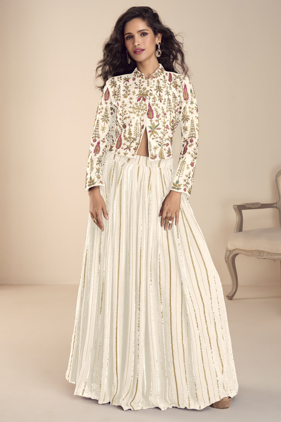 White Vichitra Silk Long Sleeves Lehenga with Sequin Embroidery Work