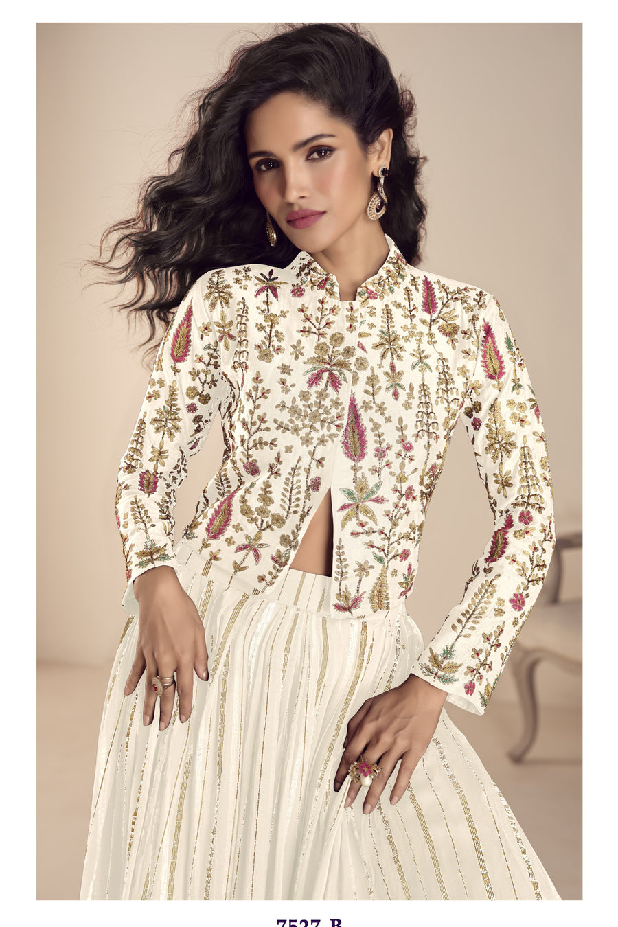 White Vichitra Silk Long Sleeves Lehenga with Sequin Embroidery Work