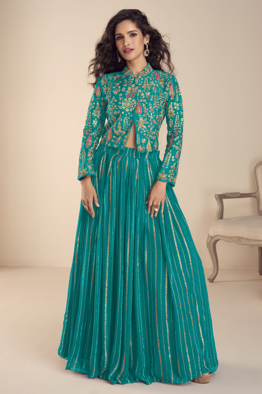 Teal Vichitra Silk Long Sleeves Lehenga with Sequins Embroidery Work