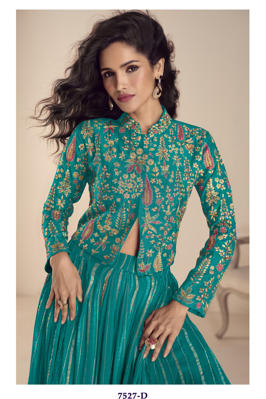 Teal Vichitra Silk Long Sleeves Lehenga with Sequins Embroidery Work