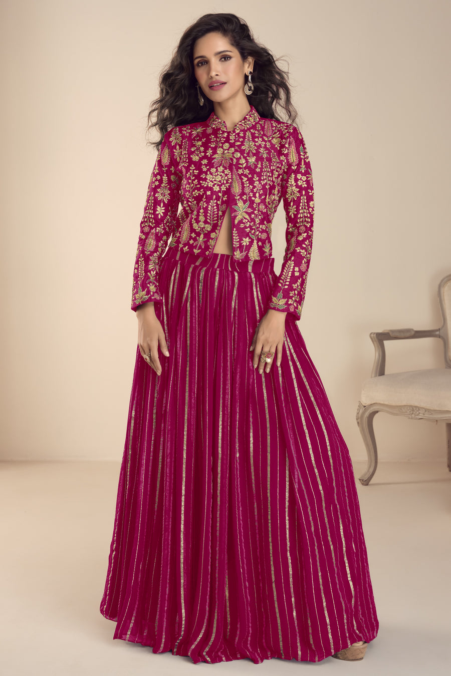 Maroon Vichitra Silk Long Sleeves Lehenga with Sequins Embroidery
