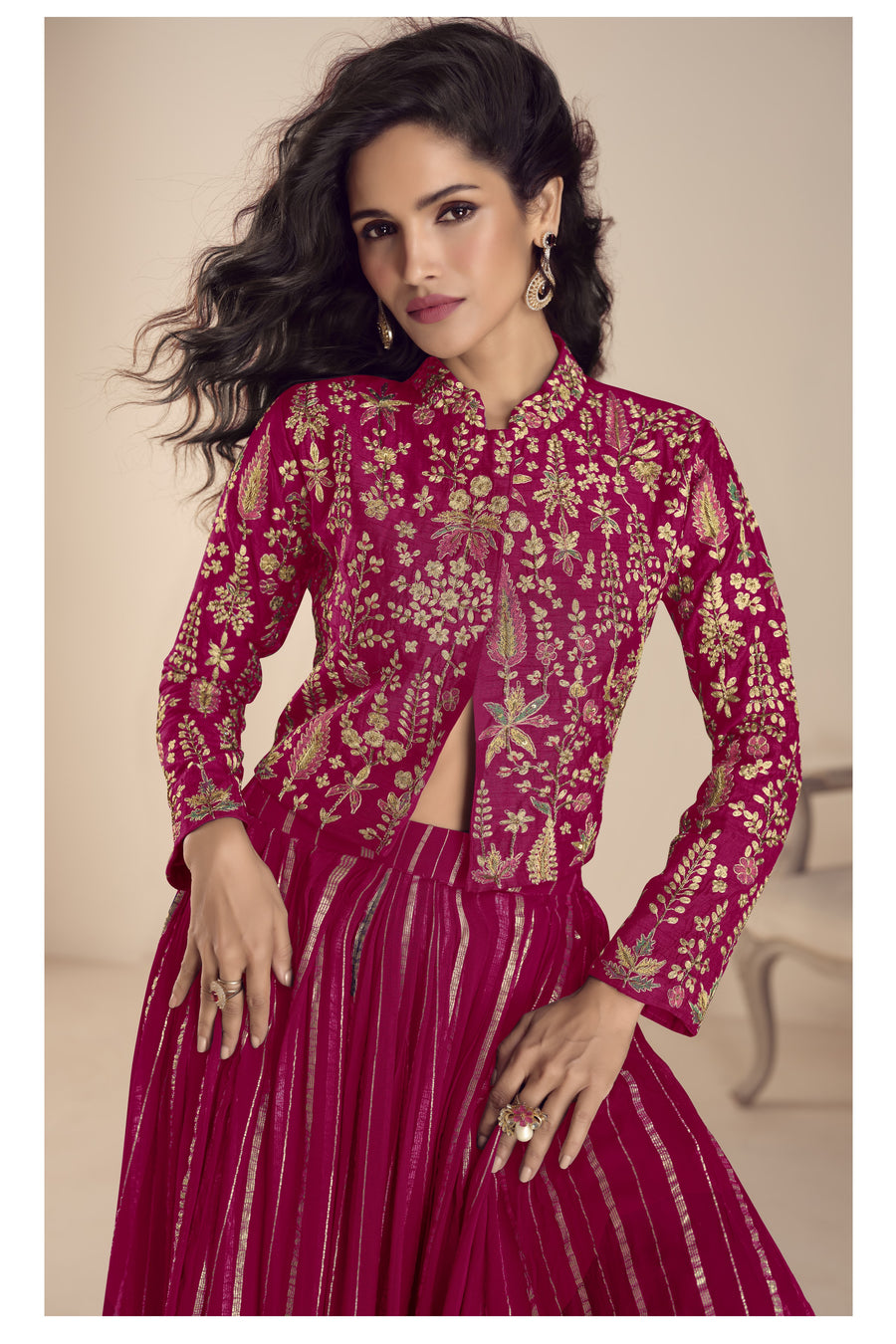 Maroon Vichitra Silk Long Sleeves Lehenga with Sequins Embroidery