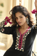 Black Indian Party Wear Outfits Plazo Suit - Real Mirror & Embroidery Work