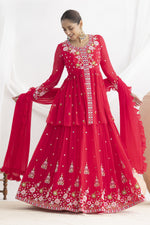 Party Wear Floral Embroidery Suit in Pinkish Red Georgette Kameez and Skirt