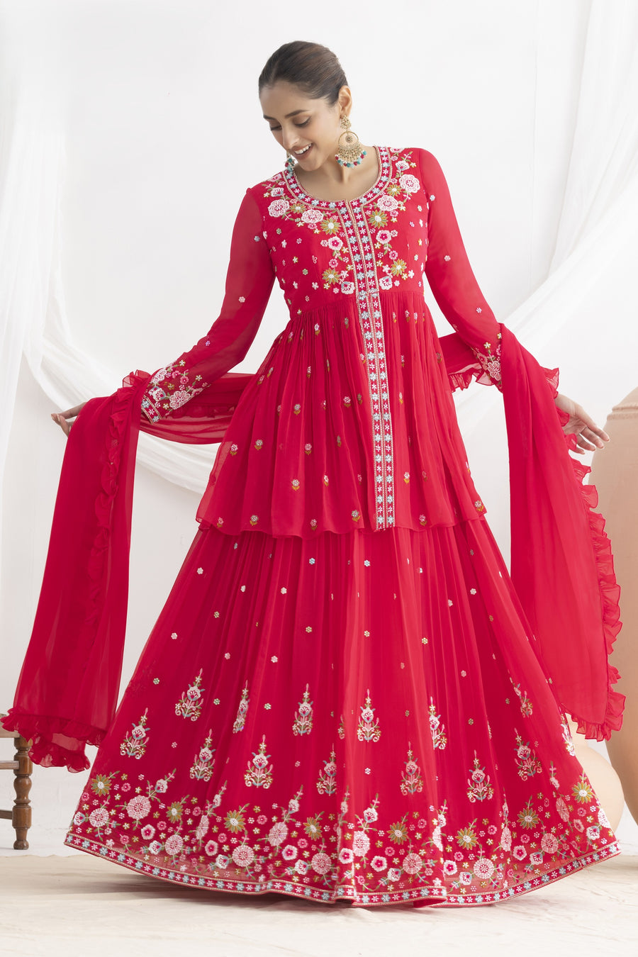 Party Wear Floral Embroidery Suit in Pinkish Red Georgette Kameez and Skirt