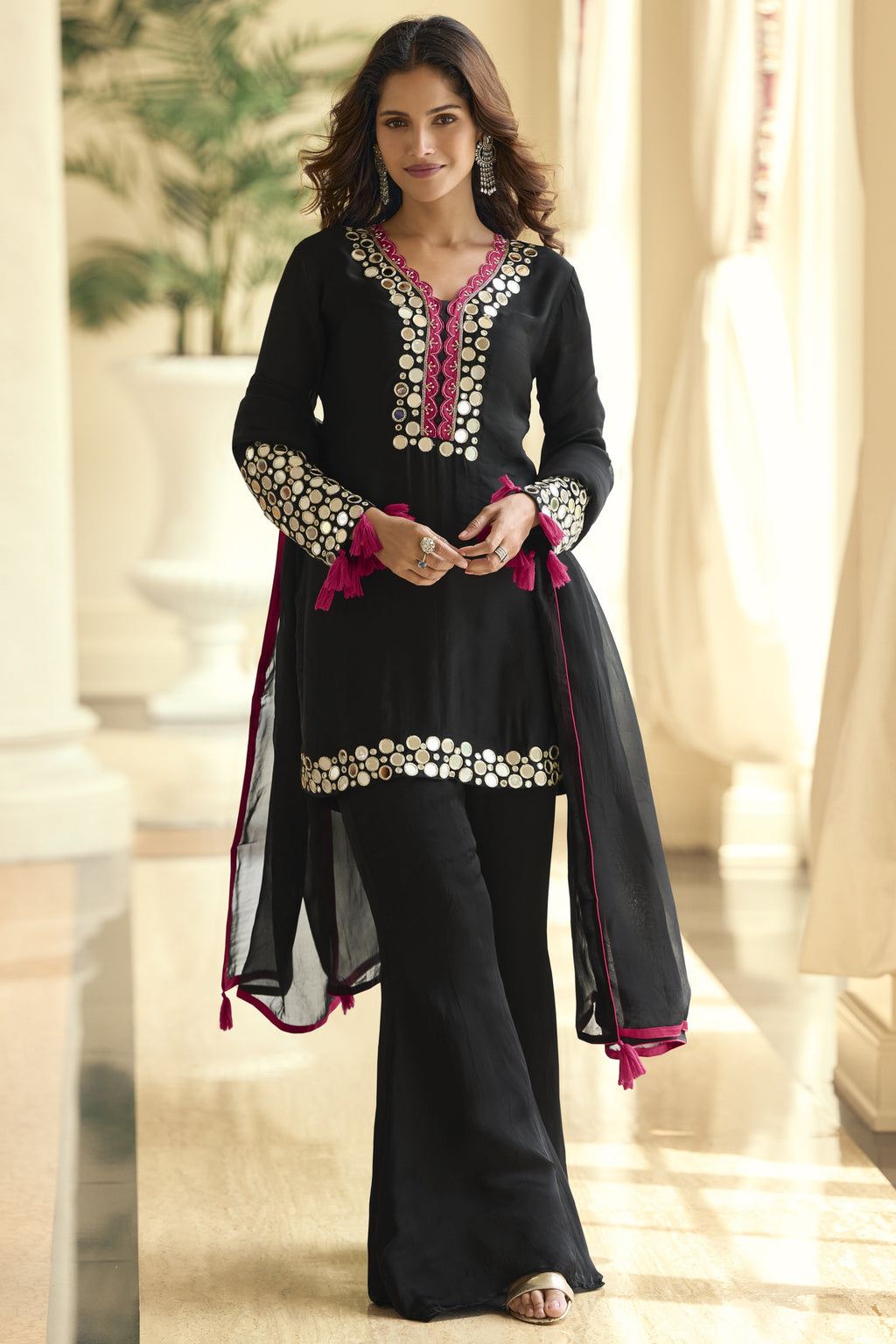 Black Mirror Work Plazo Suit for Indian Party Wear Outfits