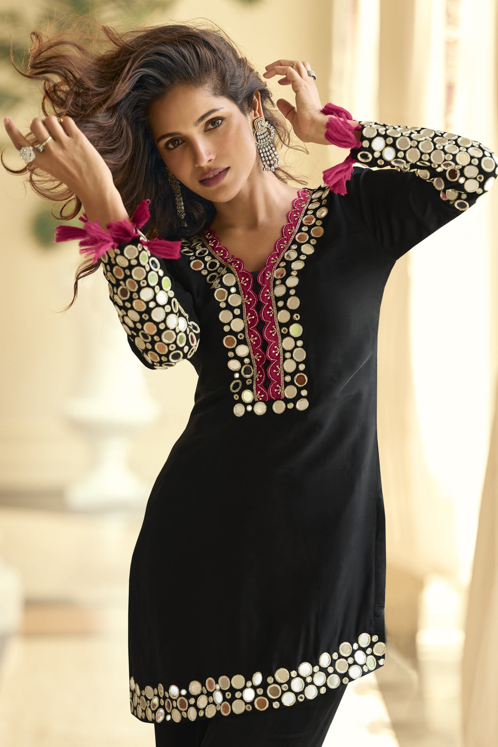 Black Indian Party Wear Outfits Plazo Suit - Real Mirror & Embroidery Work
