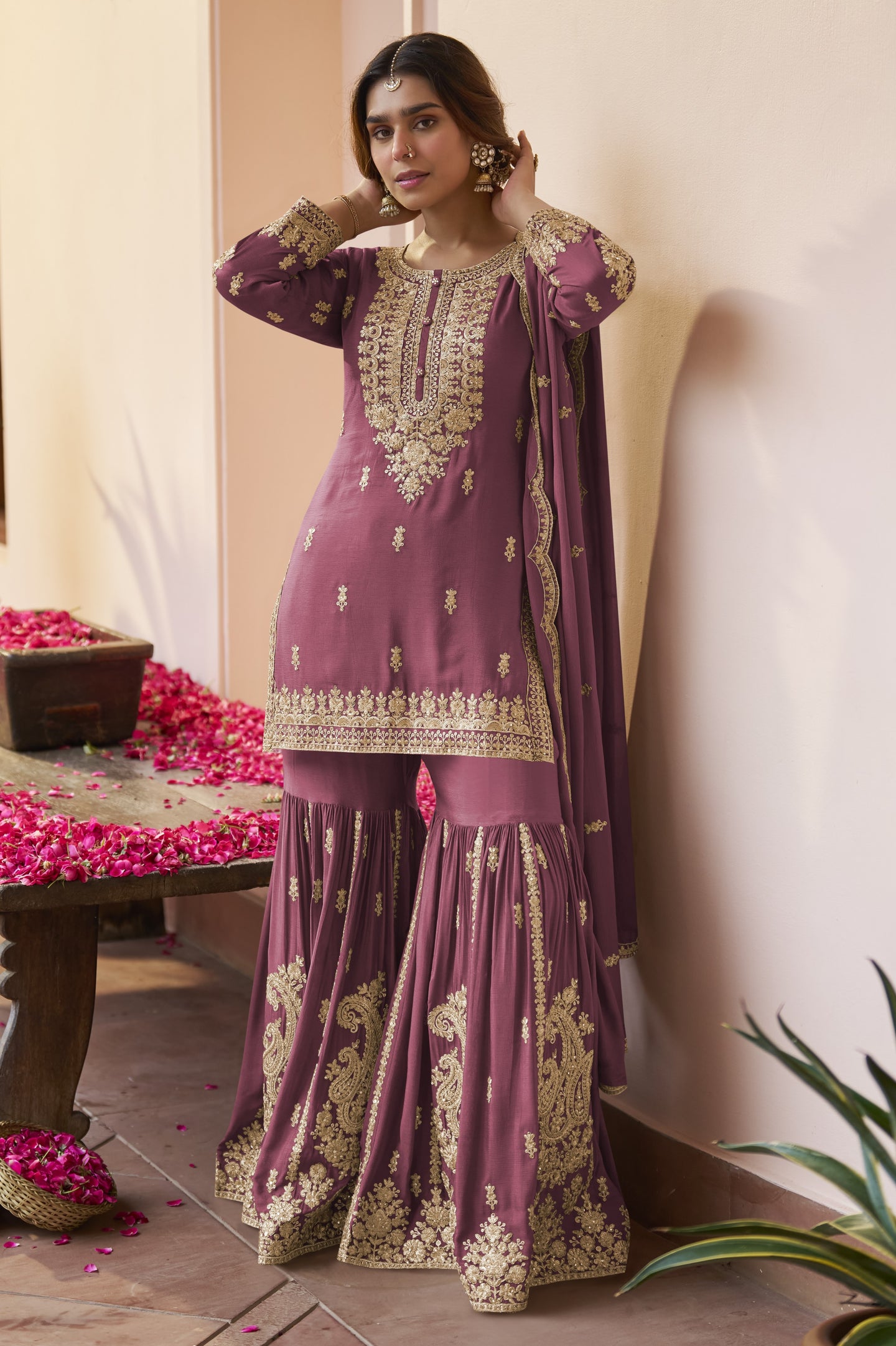 Burgundy Pakistani Sharara Suits for Wedding in Sequins & Dori Work