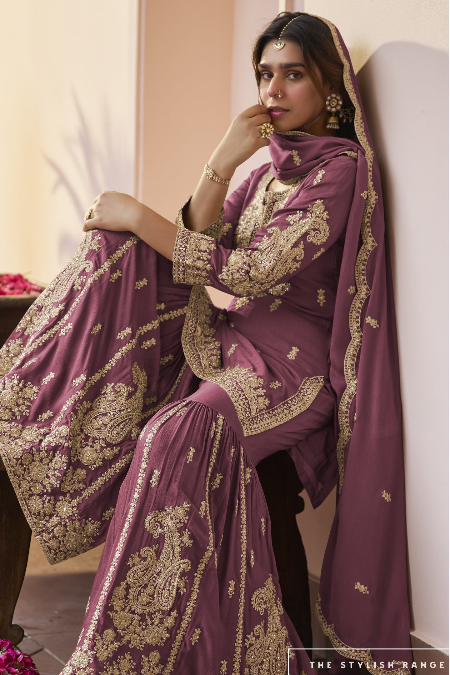 Burgundy Pakistani Sharara Suits for Wedding in Sequins & Dori Work