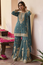 Teal Pakistani Sharara Suits for Wedding in Chinon Silk - Sequins Dori Work