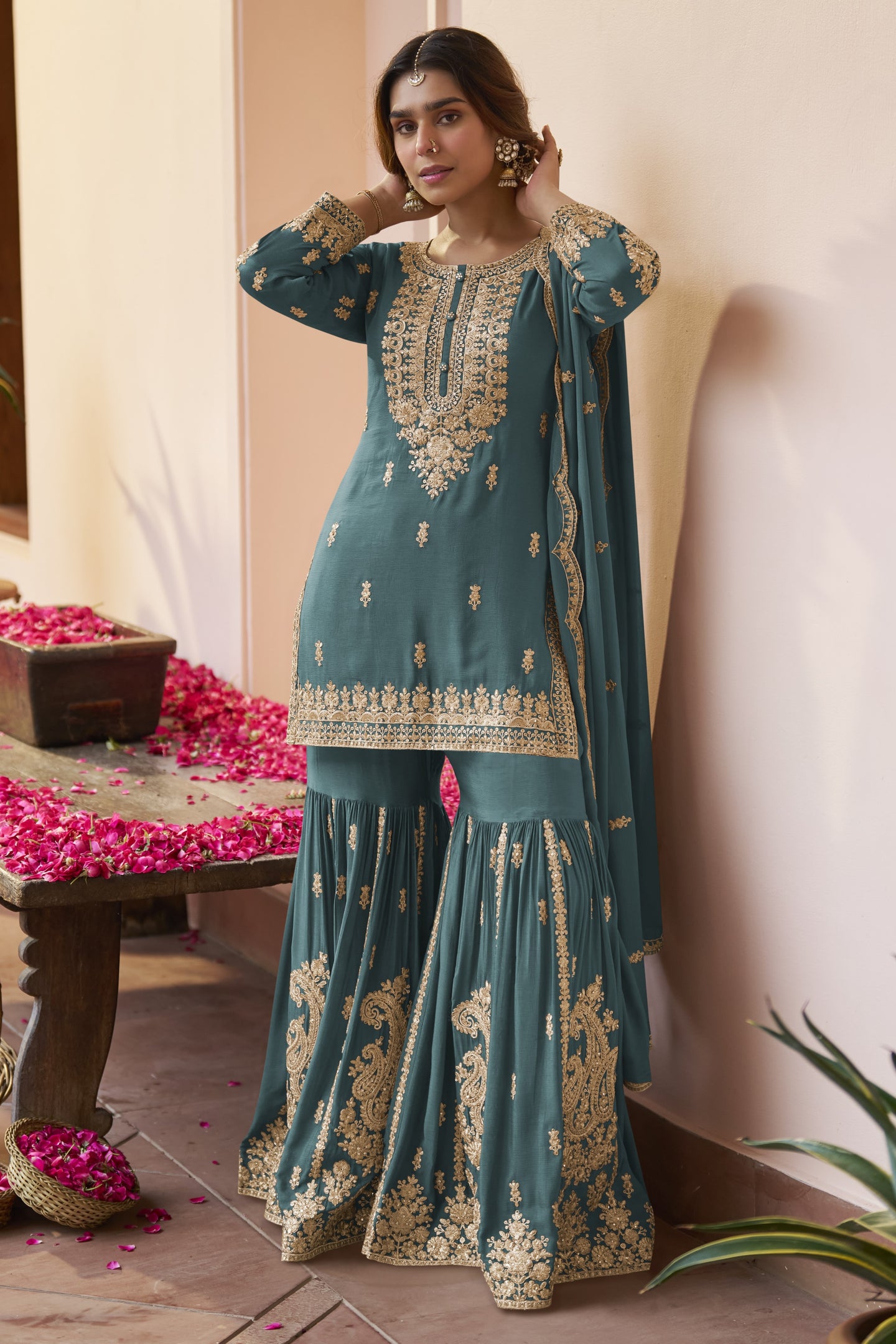 Teal Pakistani Sharara Suits for Wedding in Chinon Silk - Sequins Dori Work