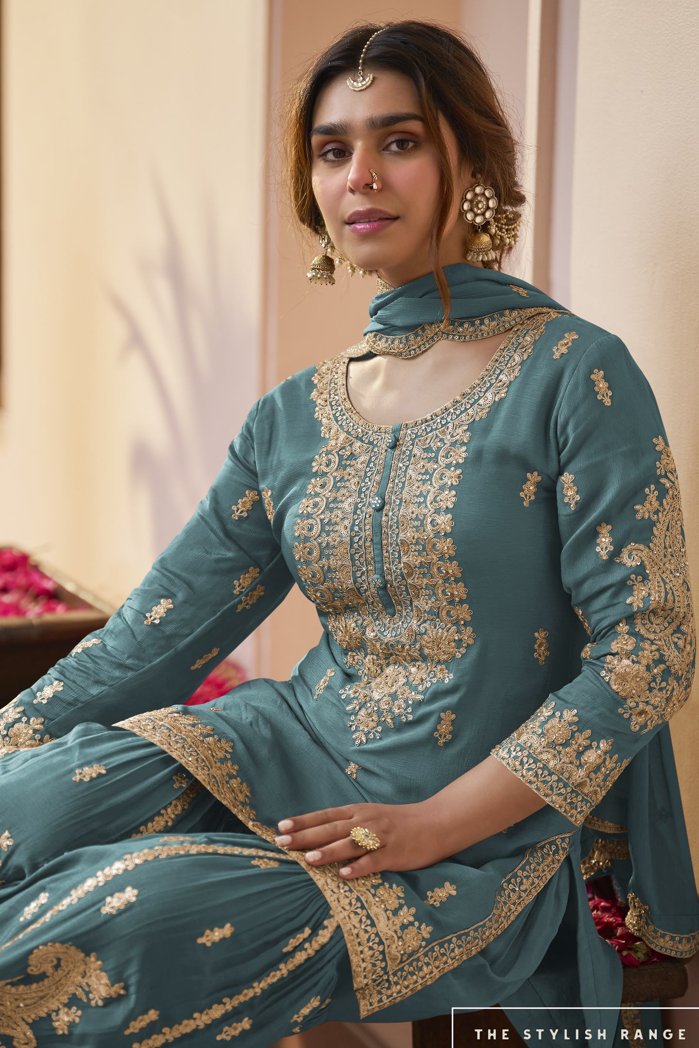 Teal Pakistani Sharara Suits for Wedding in Chinon Silk - Sequins Dori Work