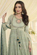 Dusty Green Anarkali Chikankari Embroidery Suits