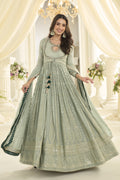 Dusty Green Anarkali Chikankari Embroidery Suits