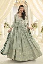 Dusty Green Anarkali Chikankari Embroidery Suits