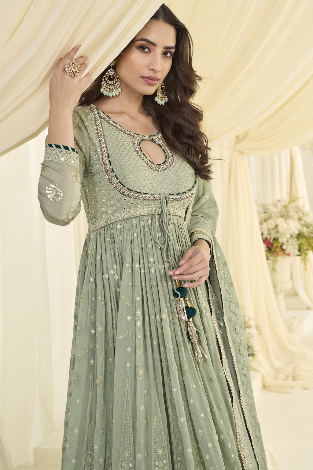 Dusty Green Anarkali Chikankari Embroidery Suits