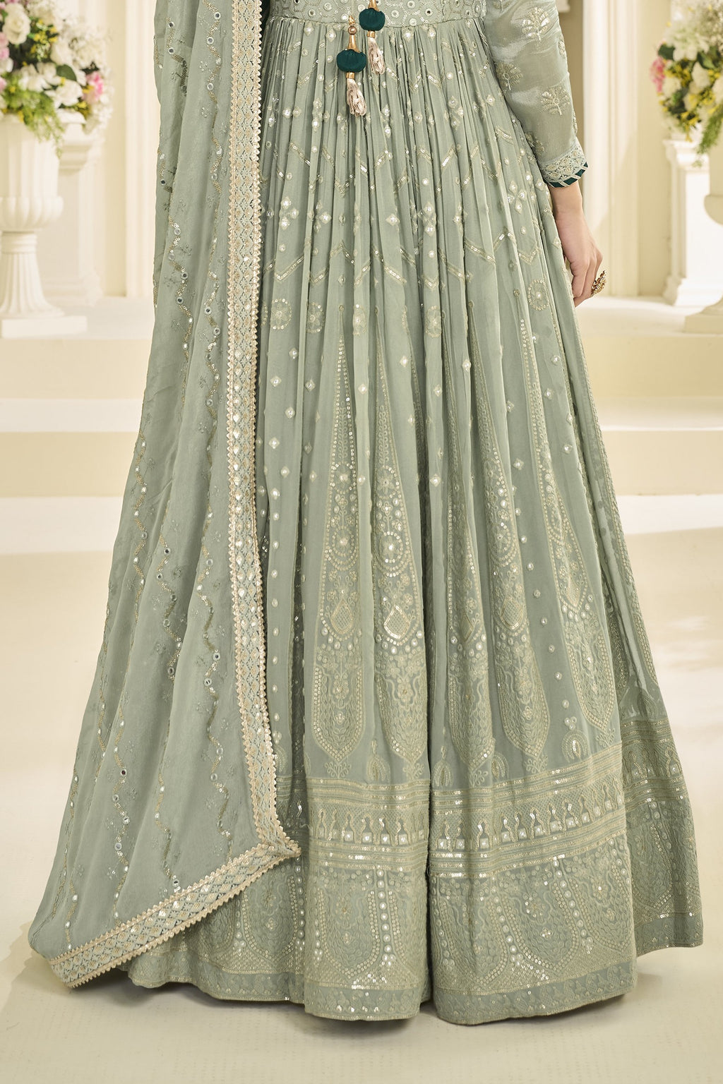Dusty Green Anarkali Chikankari Embroidery Suits