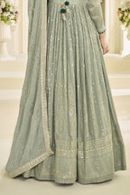 Dusty Green Anarkali Chikankari Embroidery Suits