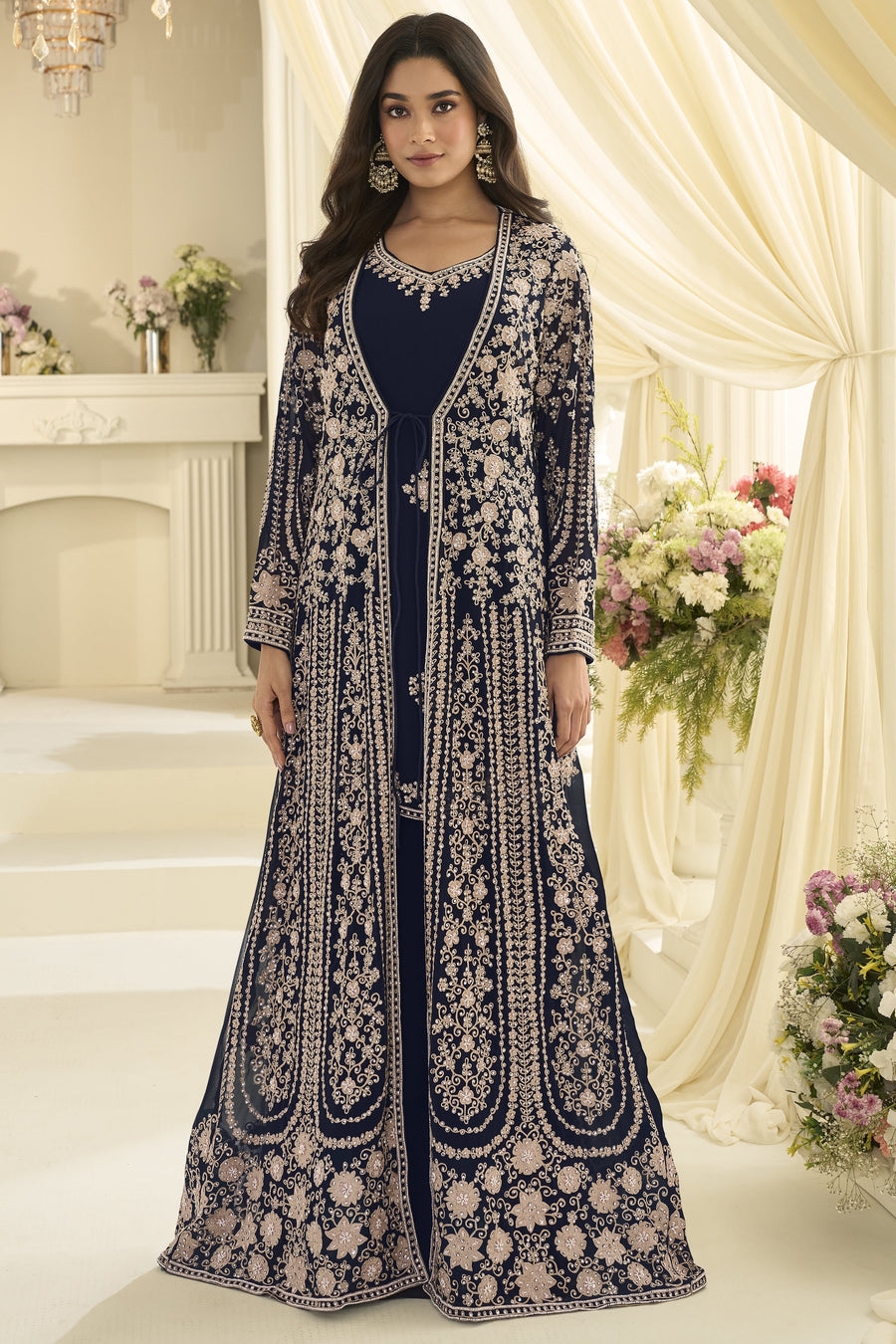 Navy Blue Chinon Silk Anarkali With Jacket for Wedding - Sequins & Thread Embroidery Work
