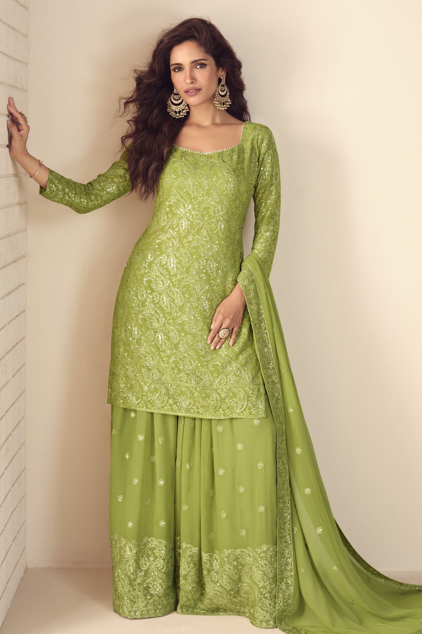 Lemon Georgette Latest Plazo Design for Wedding with Embroidery