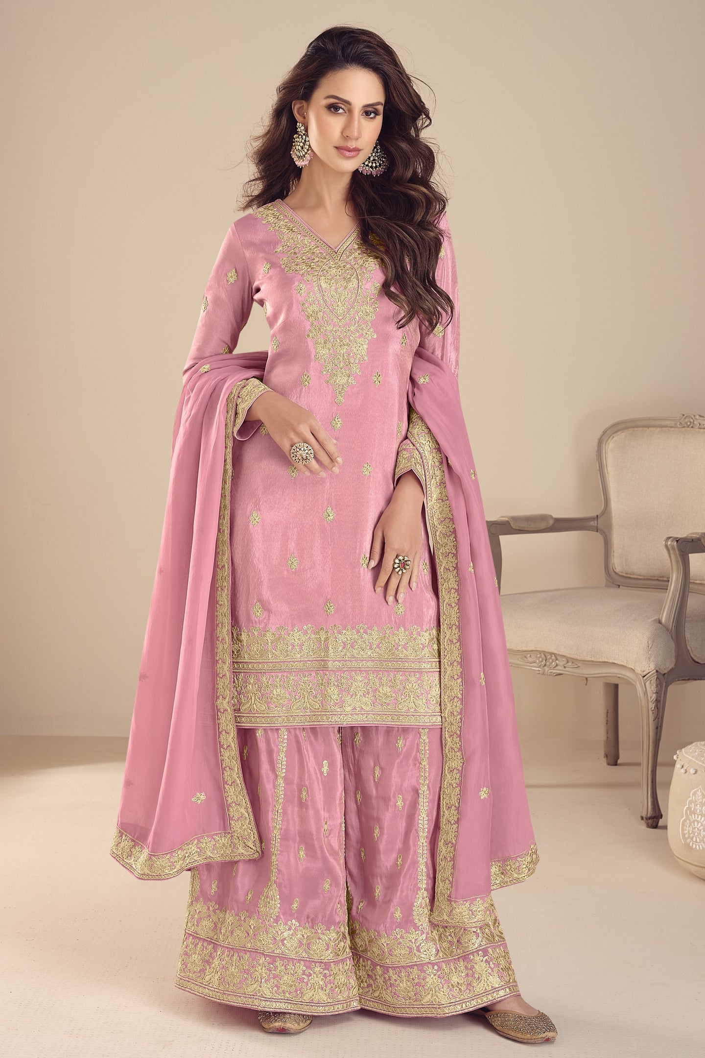 Pink Simmer Silk Palazzo Suits for Women with Embroidery