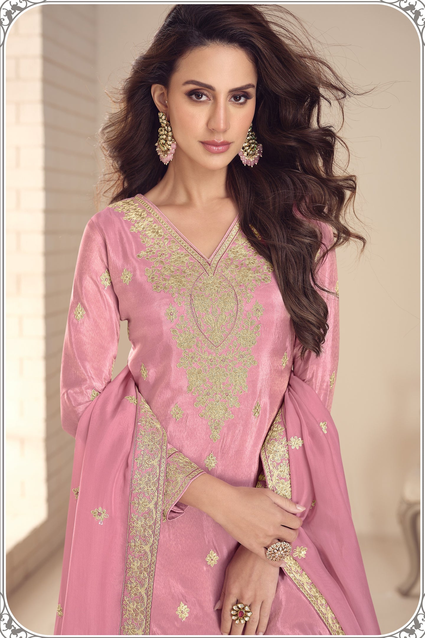 Pink Simmer Silk Palazzo Suits for Women with Embroidery