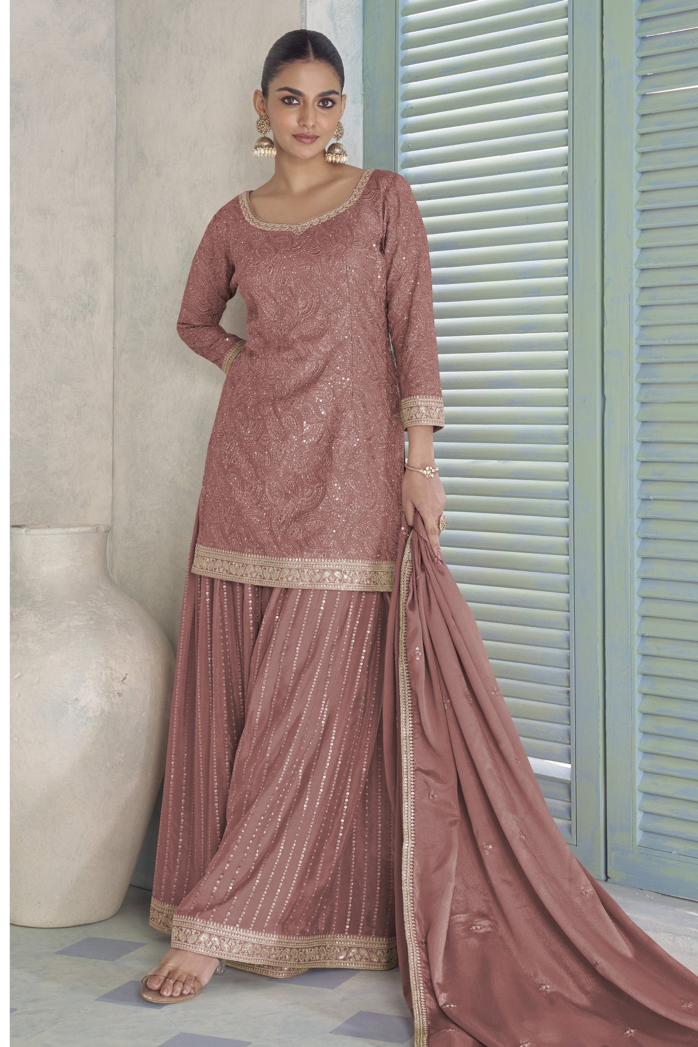Dark Rose Chinon Silk Plazo Dress for Women with Thread Embroidery Work
