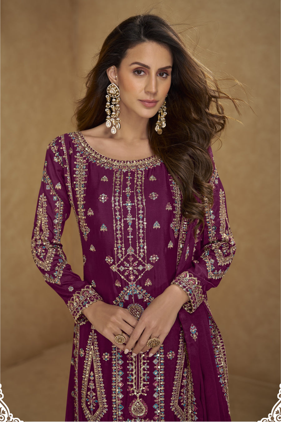 Purple Chinon Silk Long Kameez with Plazo