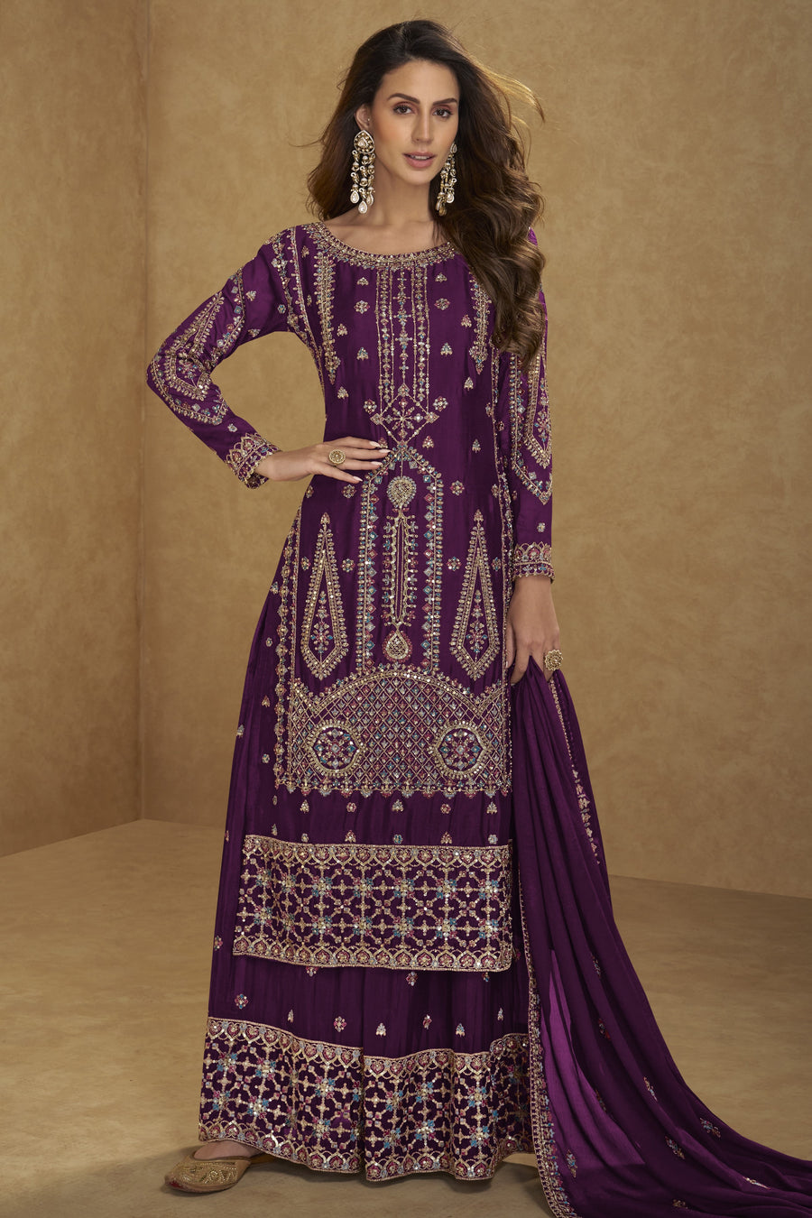 Plum Chinon Silk Long Kameez with Plazo with Thread and Sequins Embroidery