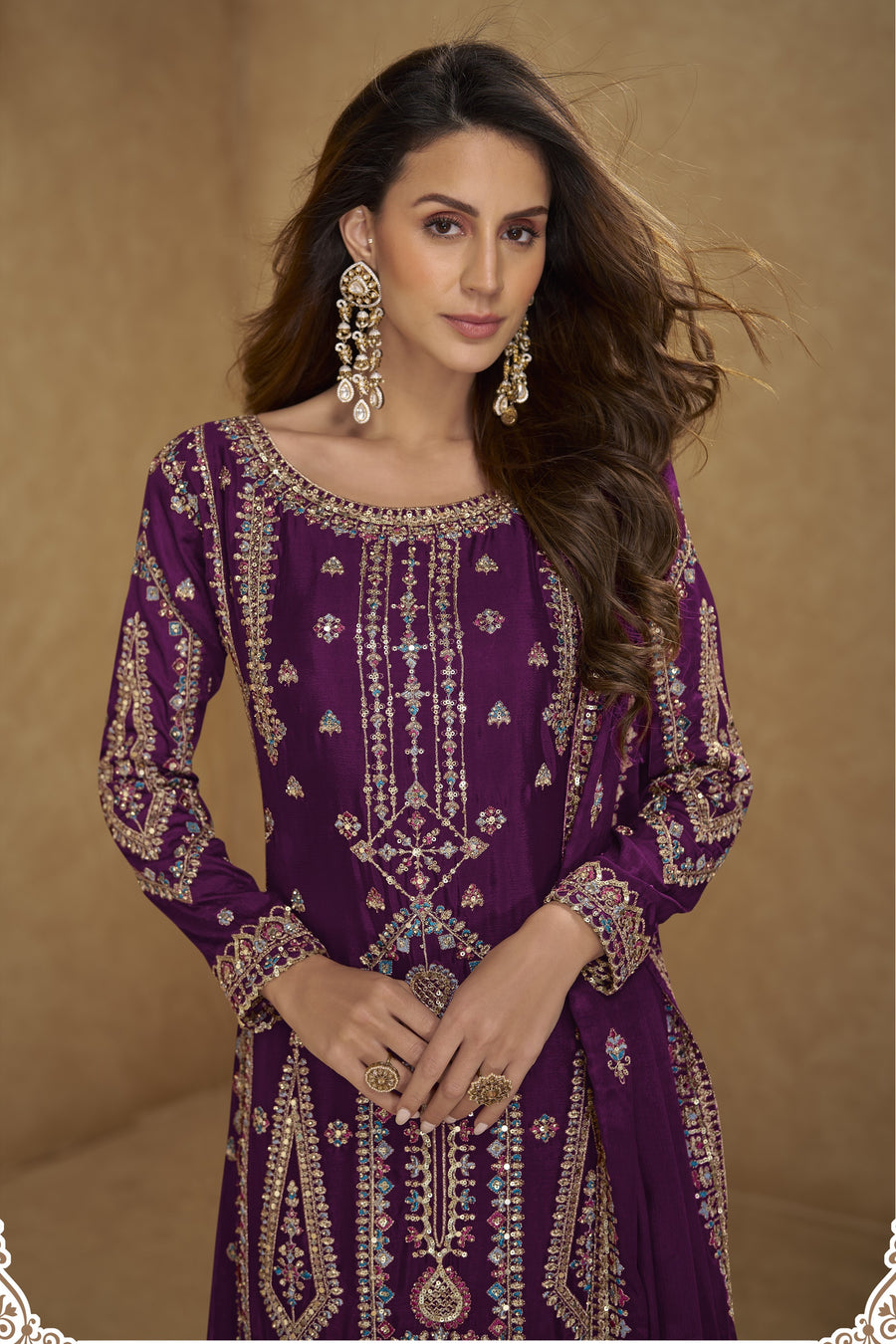 Plum Chinon Silk Long Kameez with Plazo with Thread and Sequins Embroidery