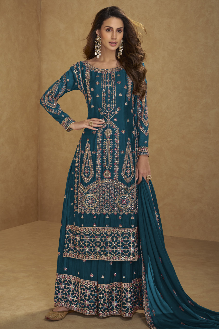 Teal Chinon Silk Long Kameez with Plazo with Sequins