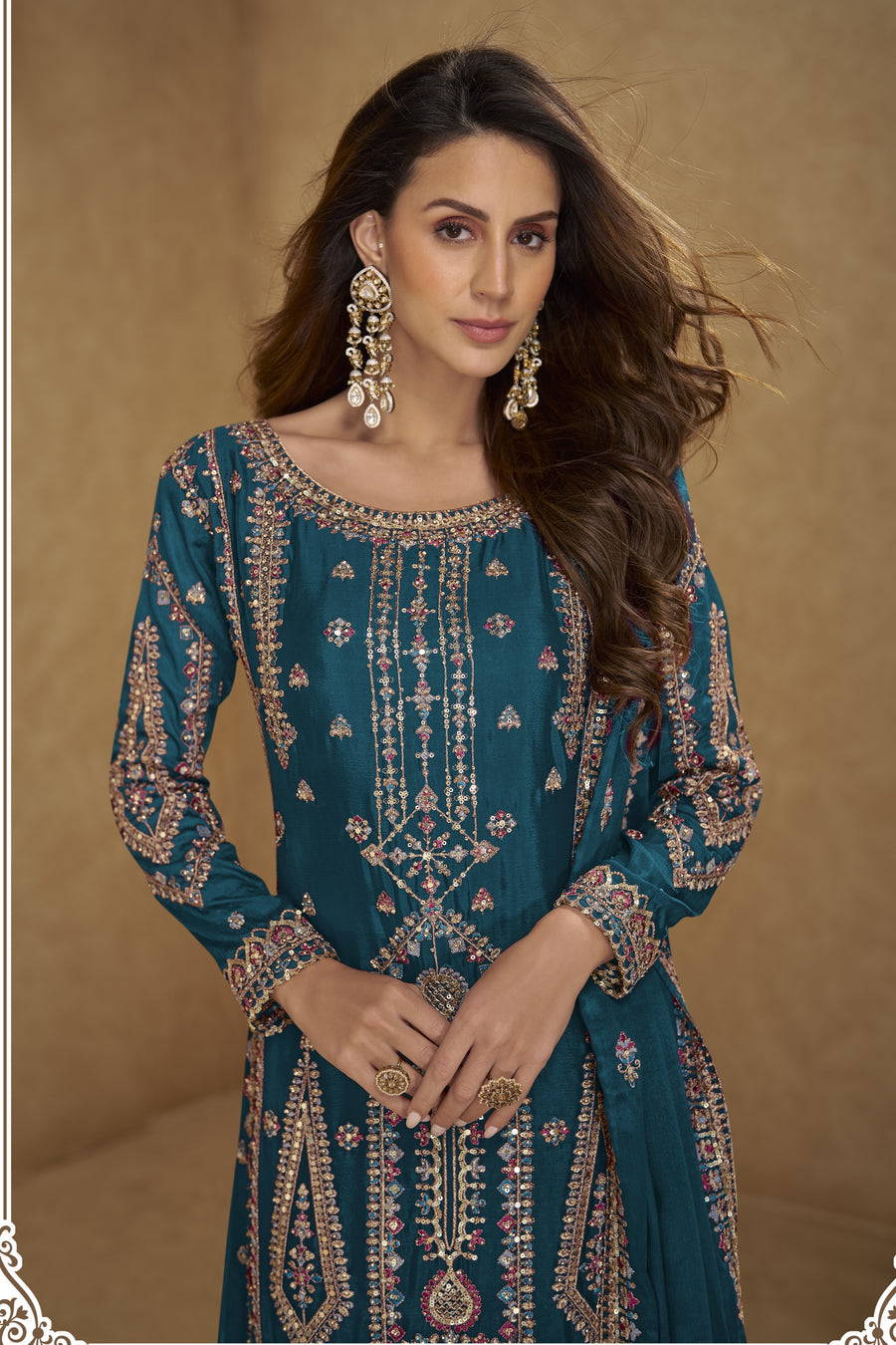 Teal Chinon Silk Long Kameez with Plazo with Sequins